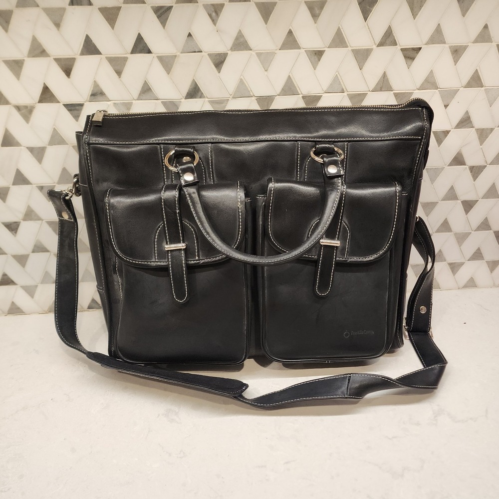 Franklin Covey Black Leather Vintage Briefcase Carry Travel Bag Laptop, EUC